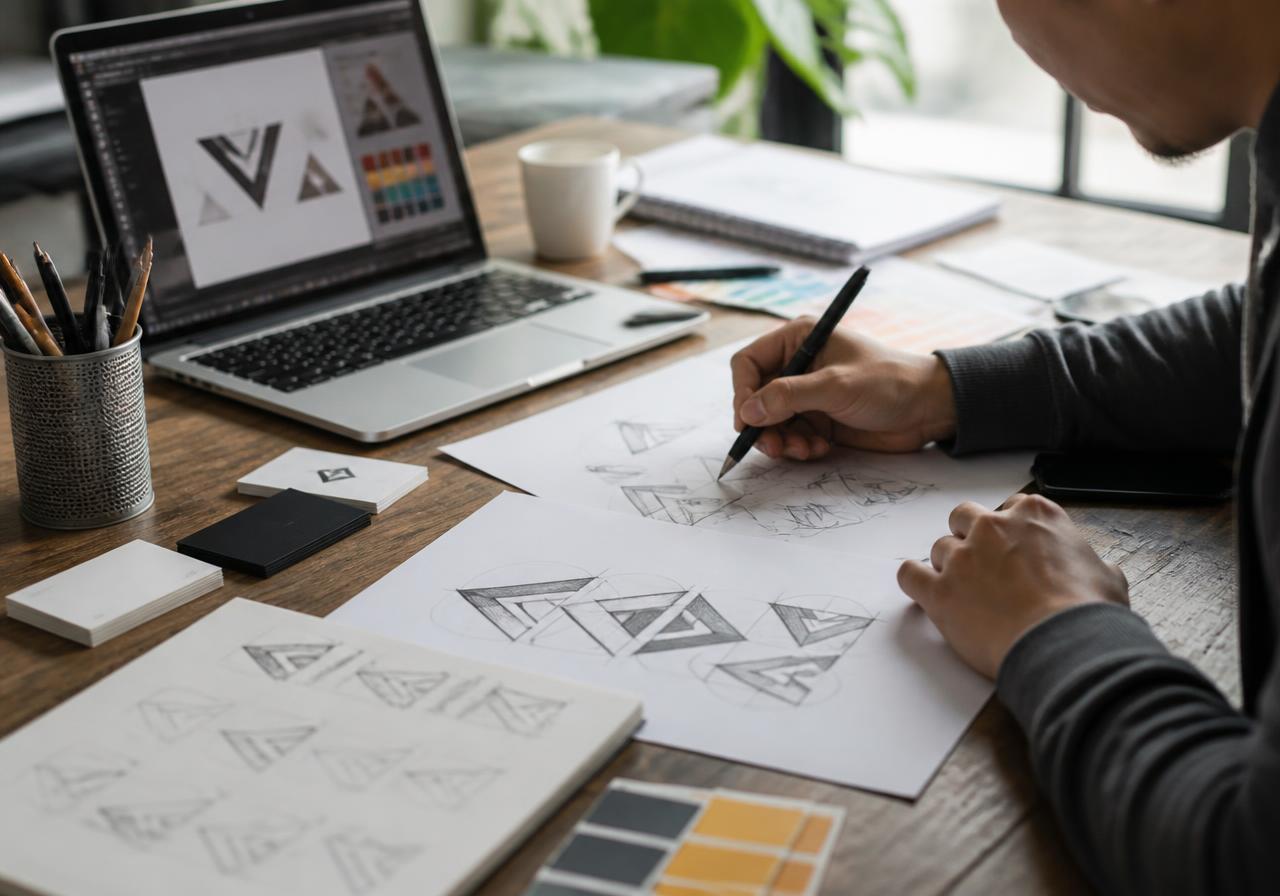 A designer sketching logo concepts beside a laptop and printed business cards