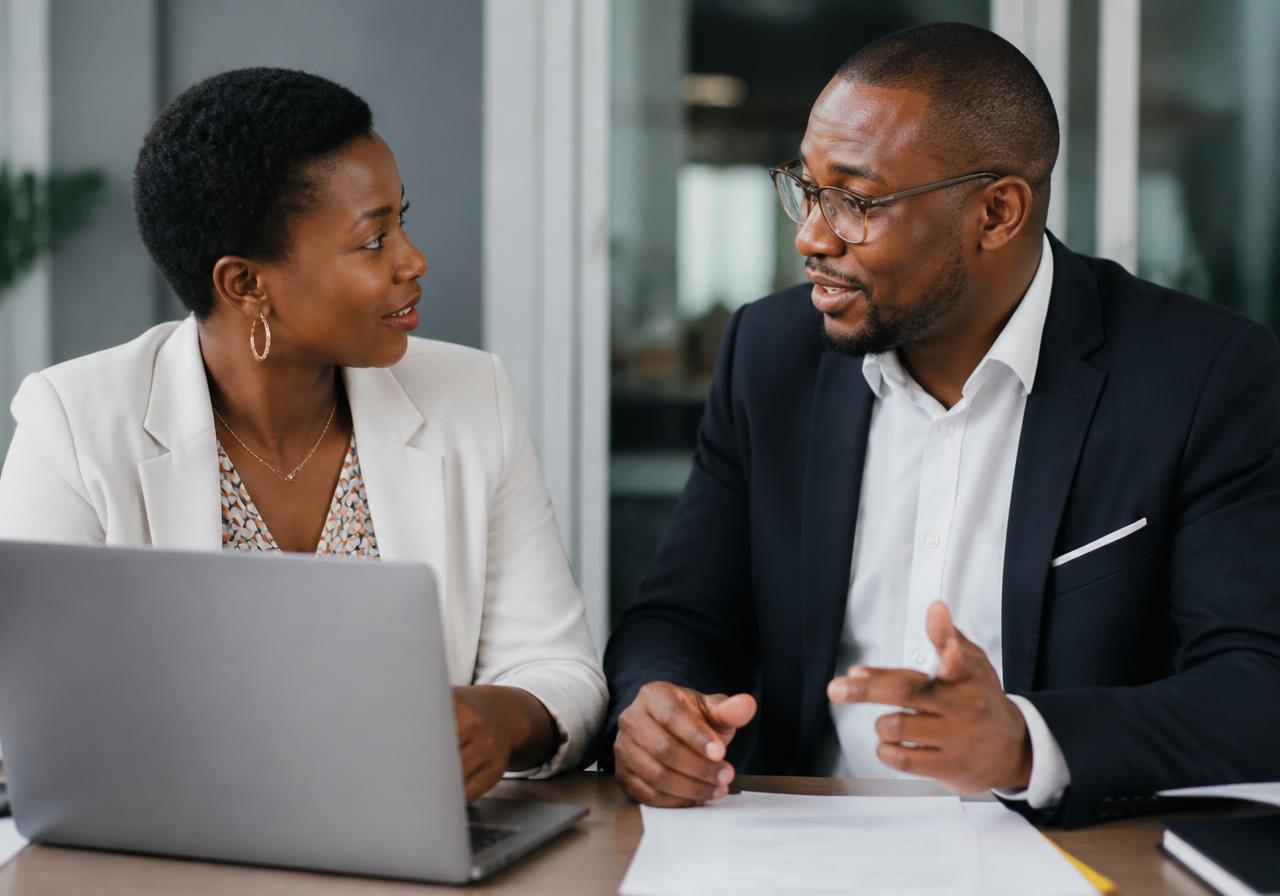 Two professionals discussing business documents during a consultation