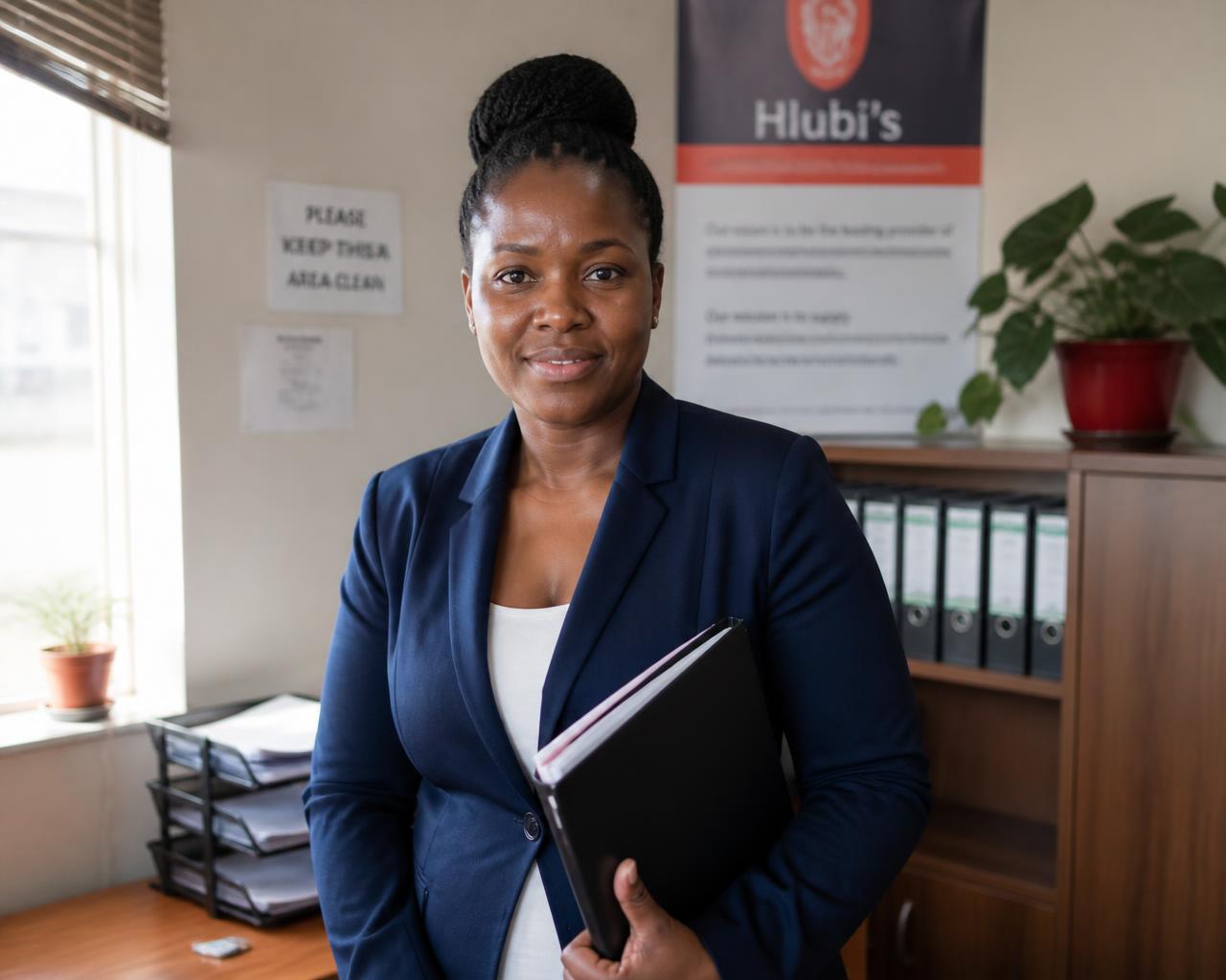 A South African small-business owner standing confidently in her office holding a company file